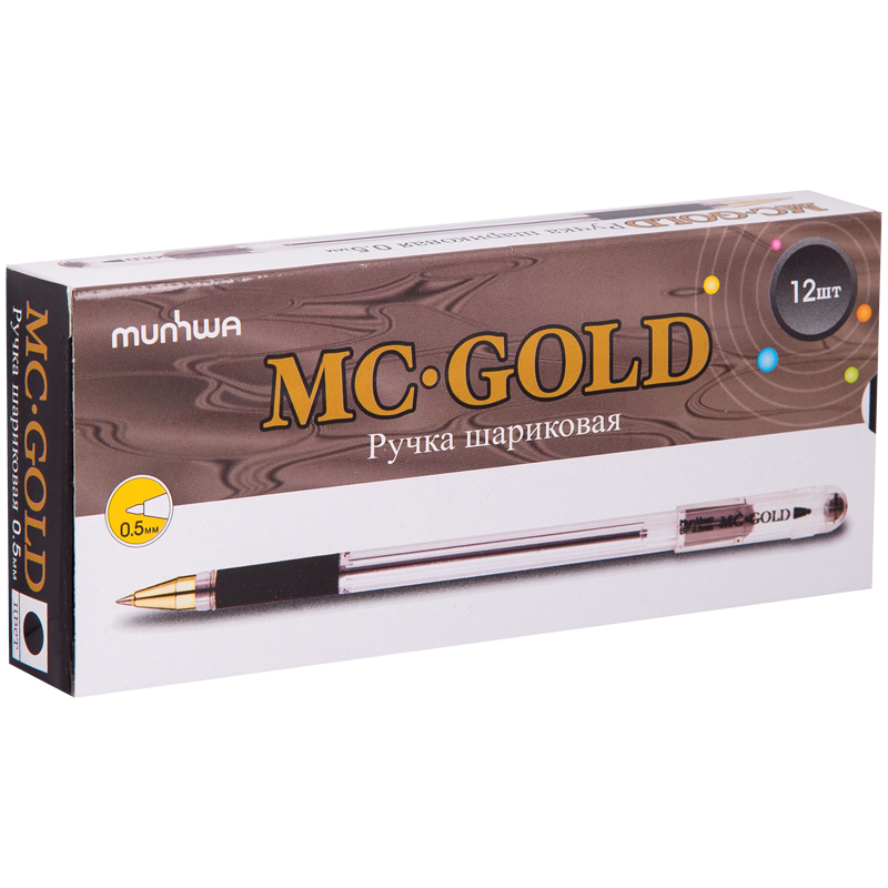 Ручки шариковые (12 шт) MunHwa "MC Gold" черная, 0,5мм, грип, штрих-код