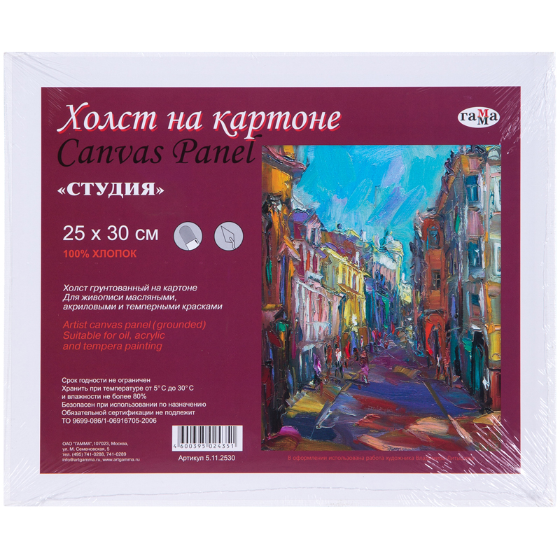 Холст на картоне Гамма "Студия", 25*30см, 100% хлопок, среднее зерно