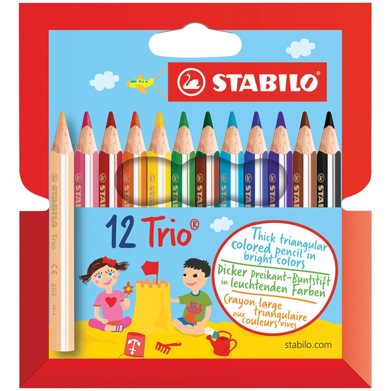 Карандаши цветные Stabilo "Trio", 12цв., трехгран., утолщенные, заточен., укорочен., картон, европодвес