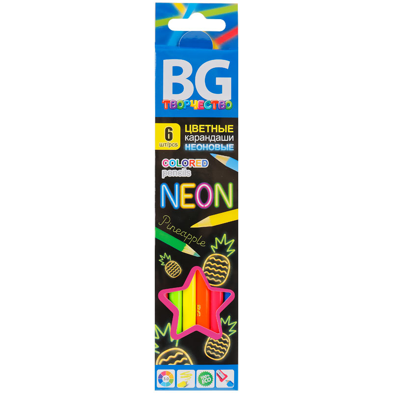 Карандаши цветные BG "Neon", 06цв., круглые, 3,0мм, европодвес
