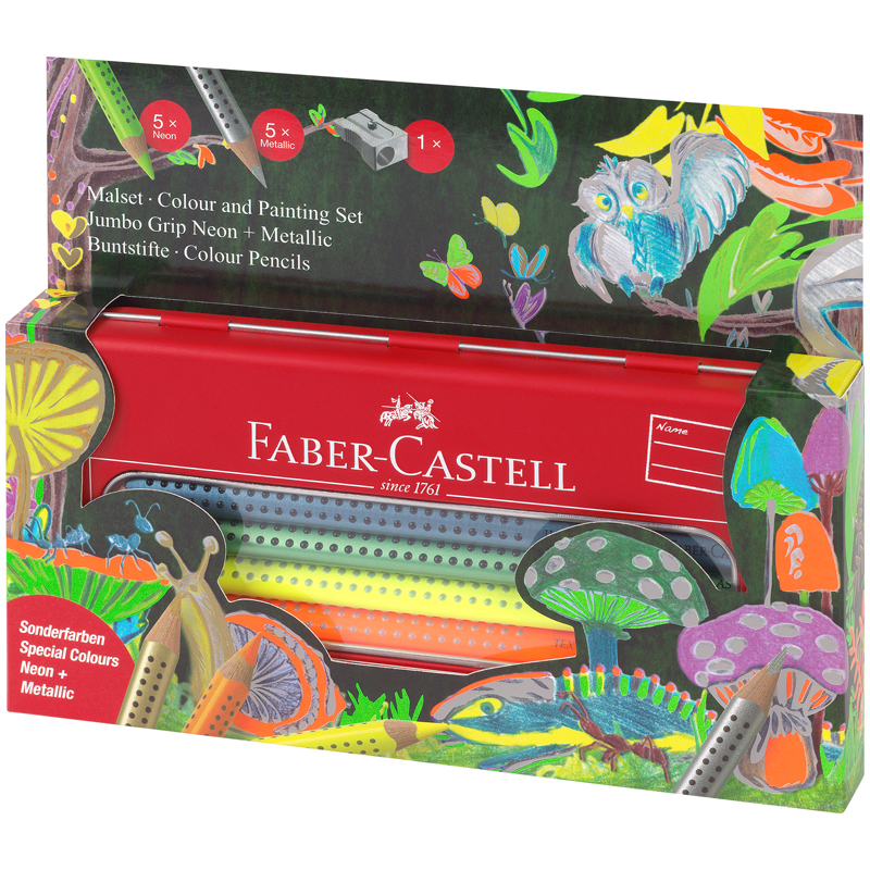Карандаши цветные Faber-Castell "Jumbo Grip Neon+Metallic", 10цв., трехгр., утолщ., заточ., картон, европодвес