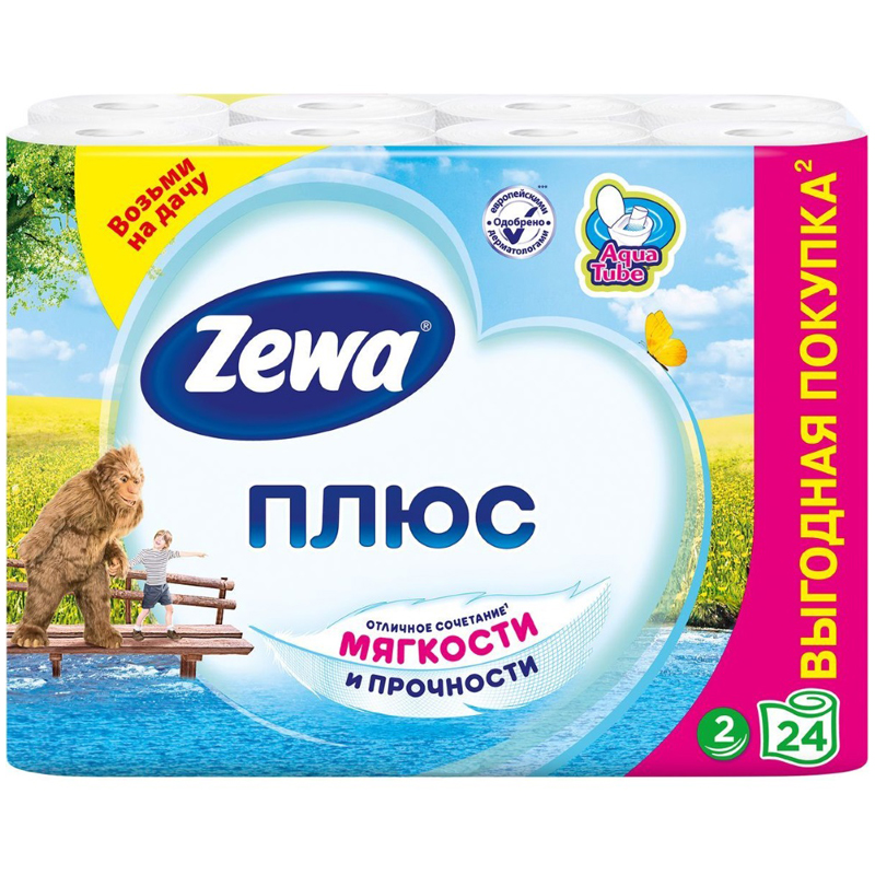 Бумага туалетная Zewa Плюс, 2-слойная, 24шт., тиснение, белая