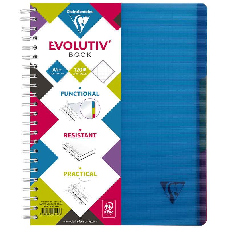 Бизнес-тетрадь 120л., А4+, клетка на гребне Clairefontaine "Evolutiv'Book", пластик. обложка, синяя, 90г/м2