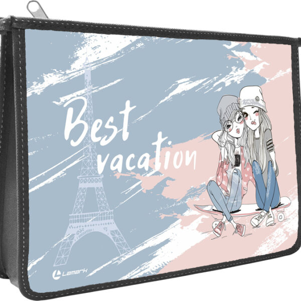 Папка для тетрадей Lamark Best Vacation/Лучший Отдых, А4, 1 отд., молния сверху, лам.картон с объемным тиснением, рисунок с двух сторон