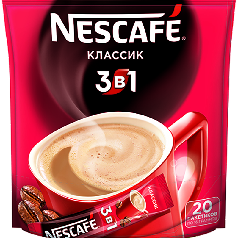 Кофе растворимый Nescafe "Классик" 3 в 1", гранулированный, порционный, 20 пакетиков*16г, пакет