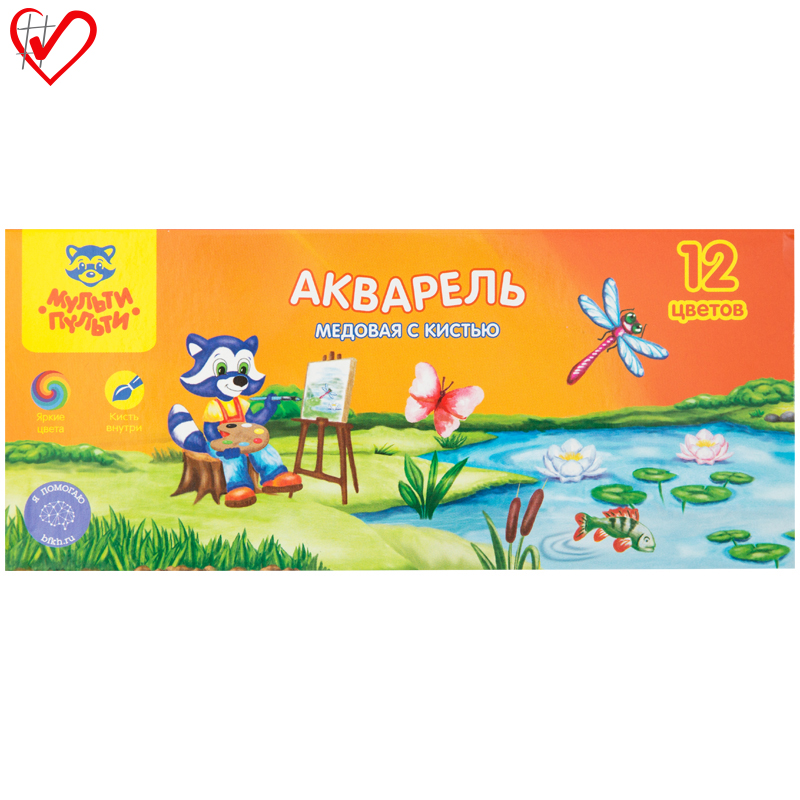 Акварель Мульти-Пульти "Приключения Енота". медовая, 12 цветов, с кистью, картон