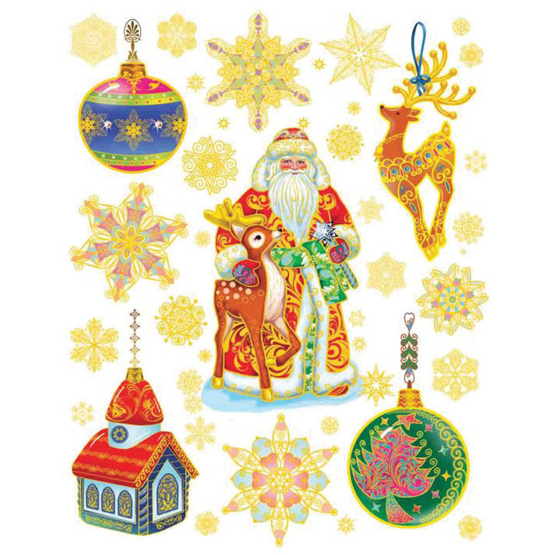 Новогоднее оконное украшение "Дед Мороз и игрушки" 30*38 см