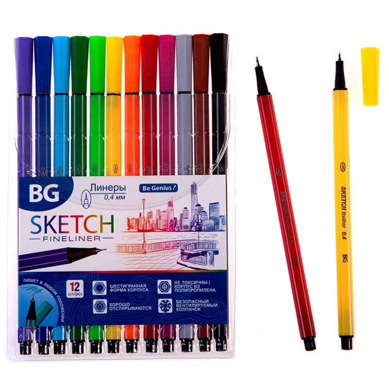Набор линеров BG "Sketch 12цв., 0,4мм, шестигранные, ПВХ, европодвес