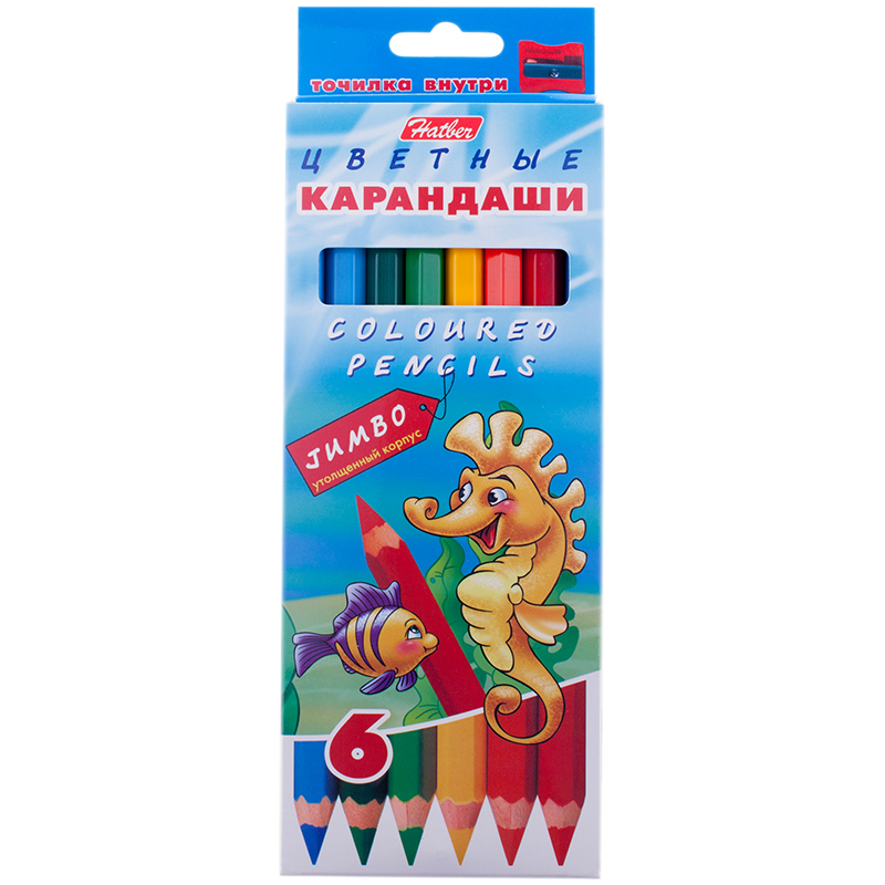 Карандаши Hatber "Jumbo Морская семейка", 06цв., утолщенные, картон, европодвес