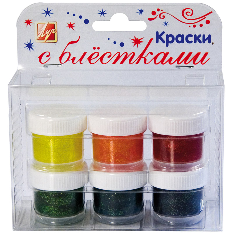Краски с блёстками 6 цв.*15 мл (в баночках)