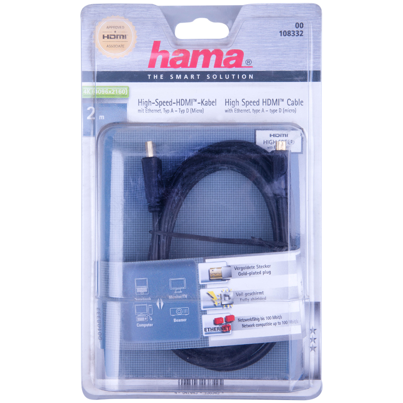 Кабель HDMI 1.4 A-D(micro) (m-m), 2.0 м, Ethernet, позолоченные контакты, черный, Hama