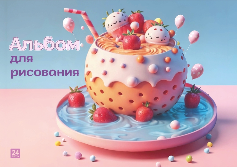 Альбом для рисования 24л. на склейке "Клубничный коктейль", выборочный уф-лак, блестки, блок - офсет 100г/м