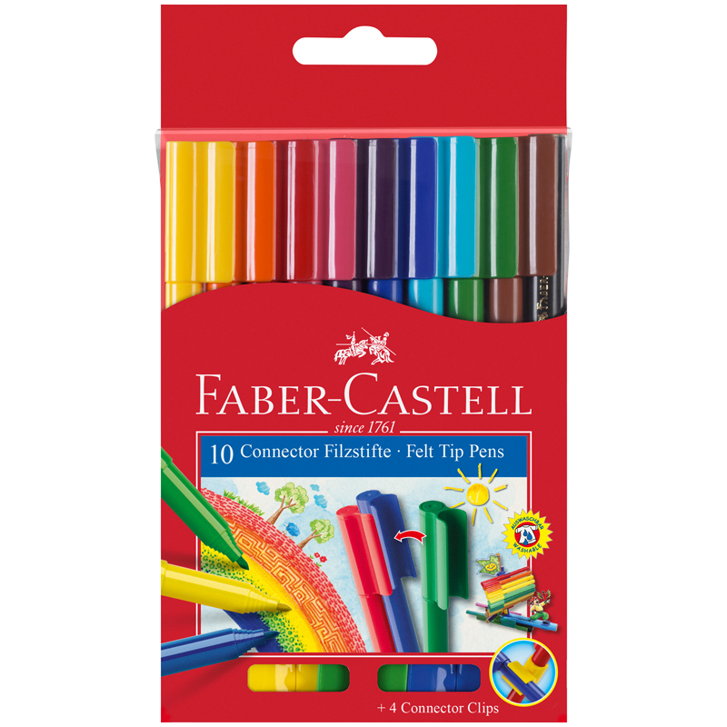 Фломастеры Faber-Castell "Connector", 10цв., смываемые, соединяемые колпачки, картон, европодвес