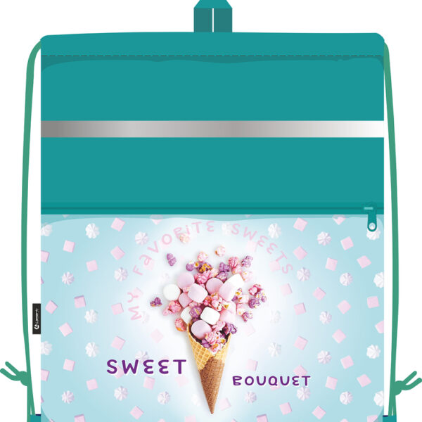 *Сумка для сменной обуви Lamark Sweet bouquet/Сладкий букет, 41х48 см, на шнурке, карман на молнии, полноцветная печать на кармане, светоотражающая лента, ручка-петля