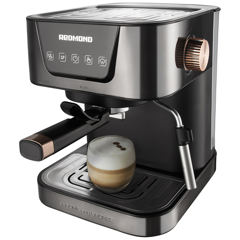 УЦЕНКА-Кофеварка рожковая Redmond RCM-CBM1514, 1050Вт, 15Бар, Chrome & Bronze
