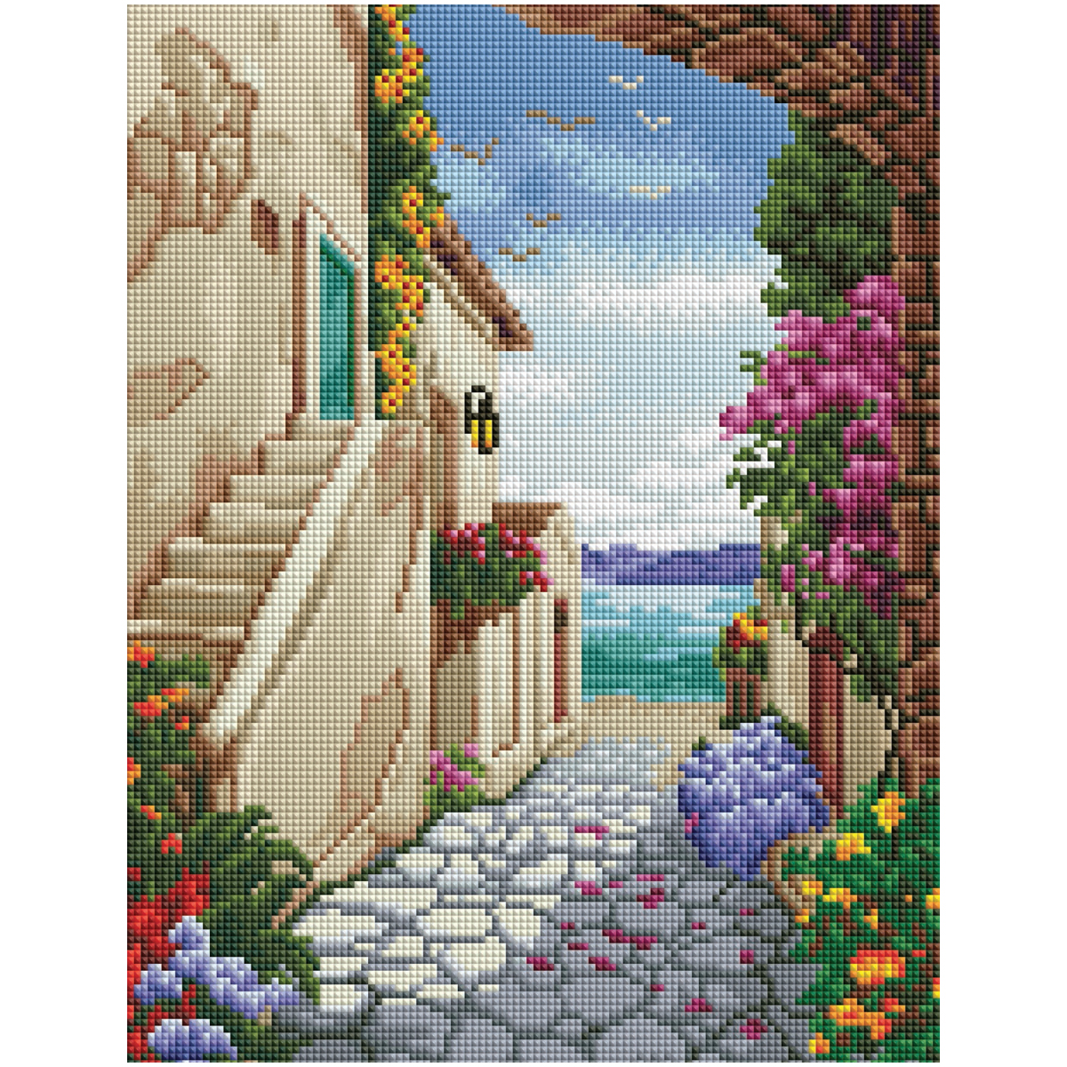 УЦЕНКА - Алмазная мозаика ТРИ СОВЫ "Улочка к морю", 30*40см, холст на деревянном подрамнике, картонная коробка с пластиковой ручкой