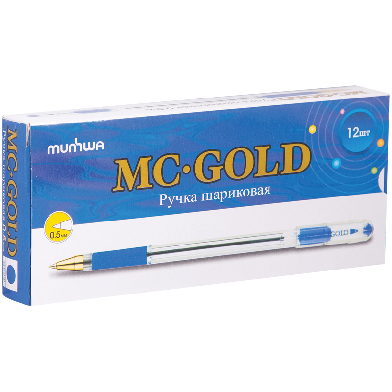 Ручки шариковые 12 штук MunHwa "MC Gold" синие, 0,5мм, грип, в термопленке