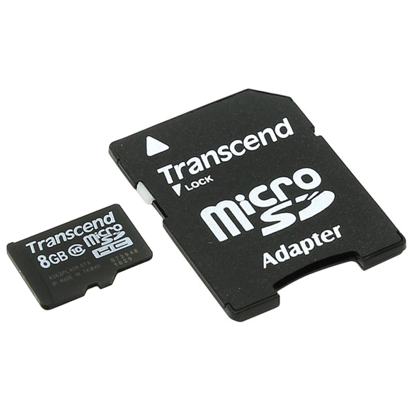 Карта памяти Transcend MicroSDHC  8Gb, Class 10, скорость чтения 20Мб/сек (с адаптером SD)