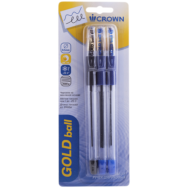 Набор шариковых ручек Crown "Gold Ball", 3шт., 2цв., 0,5мм, грип, блистер, европодвес
