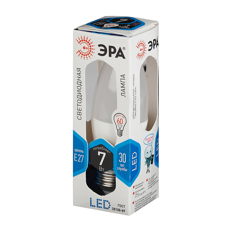Лампа светодиодная Эра LED B35-7W-840-E27, 7Вт, тип С "свеча", E27,  4000К, холодный свет