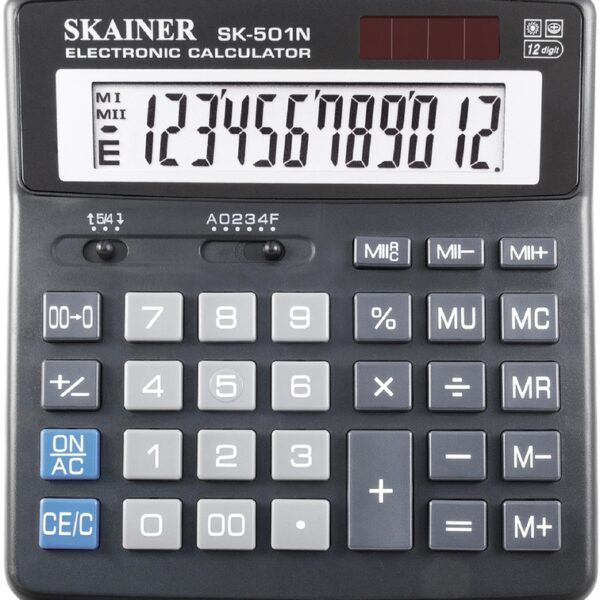 Калькулятор настольный Skainer SK-501N, средний (156х157 мм), 12 разрядов, двойное питание, черный