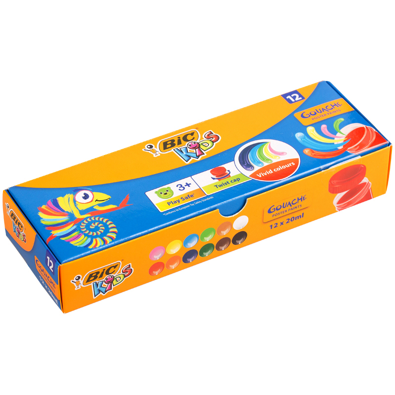 Гуашь Bic, 12 цветов, 20мл, картон
