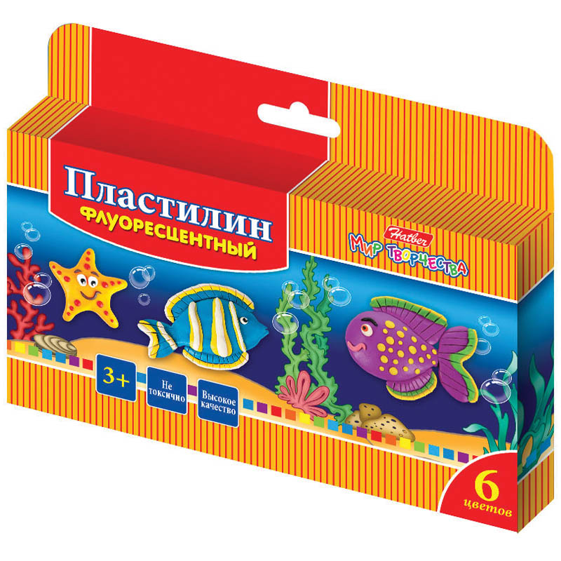 Пластилин Hatber "Морская семейка", 06 цветов, 90г, восковой, флуор., со стеком, картон, европод.