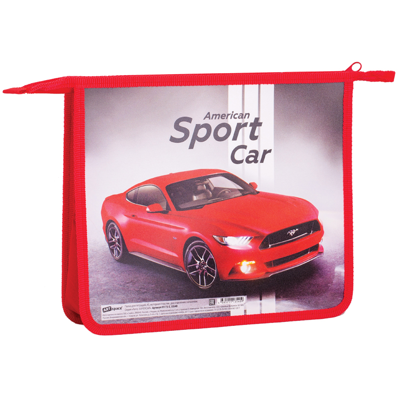 Папка для тетрадей 2 отделения, А5, ArtSpace "Авто. Supercar", пластик, на молнии