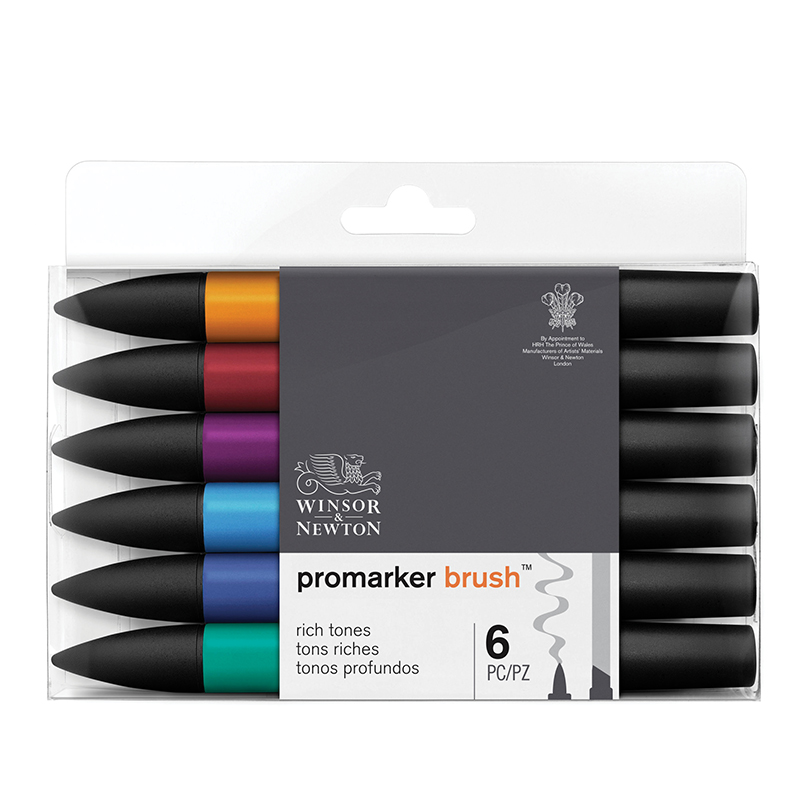 Набор маркеров-кистей худож. двухсторонних Winsor&Newton "PromarkerBrush", 06цв., насыщенные оттенки, спиртовые, скошенный/кисть