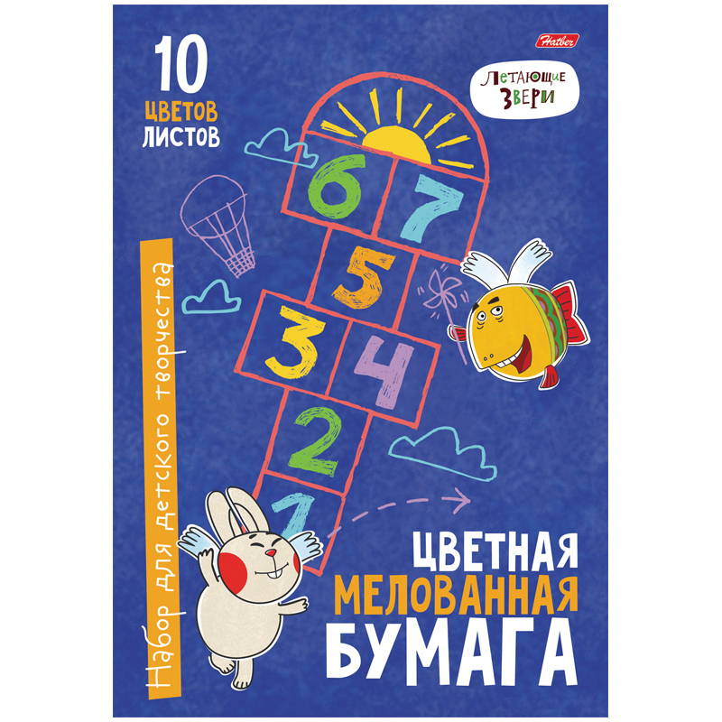 Цветная бумага A4, Hatber "Летающие звери", 10л., 10цв., мелованная, в папке