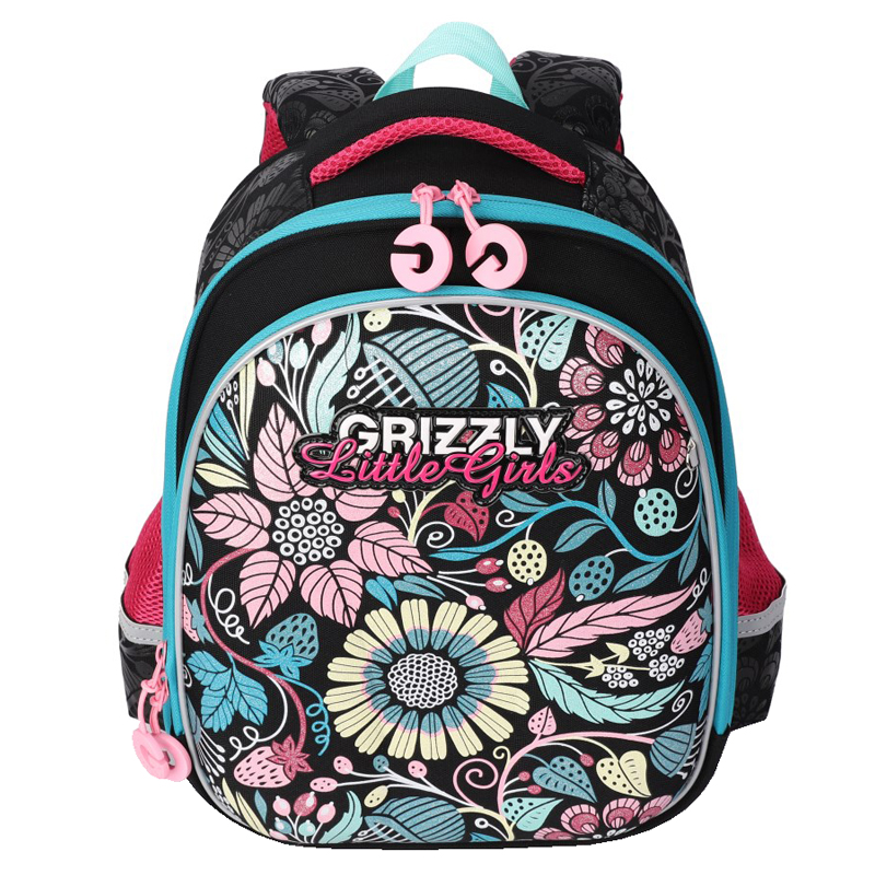 Ранец Grizzly, 28*36*20см, 2 отделения, 2 кармана, анатомическая спинка ,черный/цветы