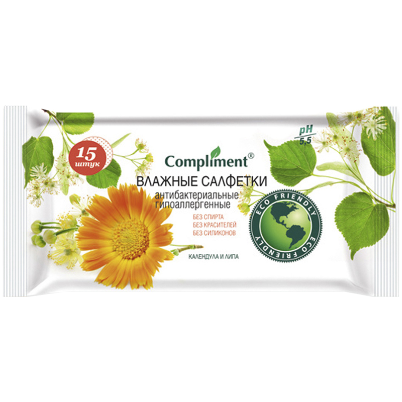 Салфетки влажные Compliment, 15*20см, 15шт., антибактериальные, календула и липа
