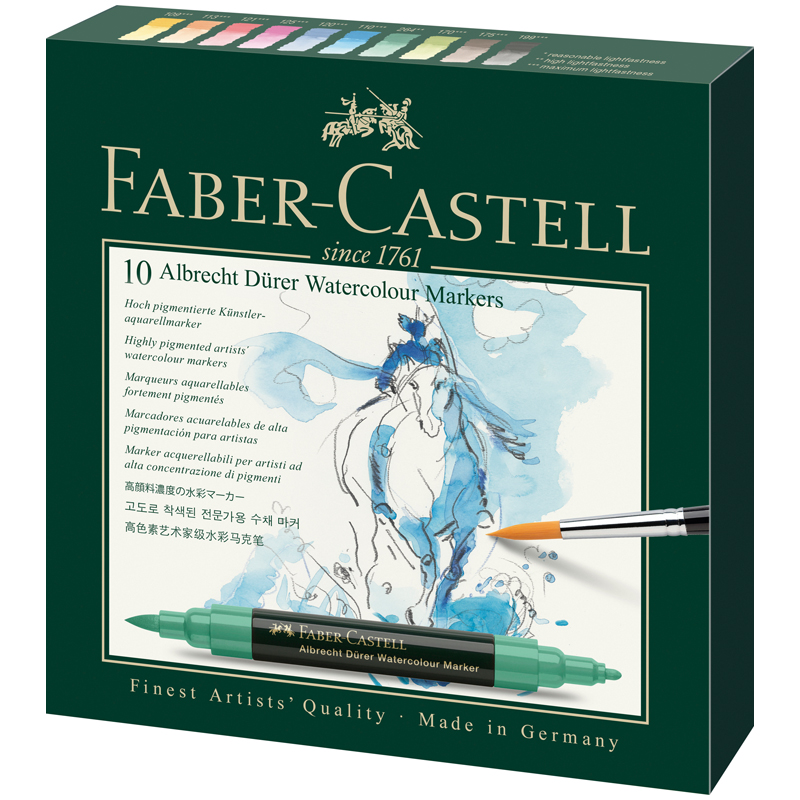 Набор акварельных пигм. маркеров Faber-Castell "Albrecht Dürer" 10цв., двухстор., кистев./пулевид.