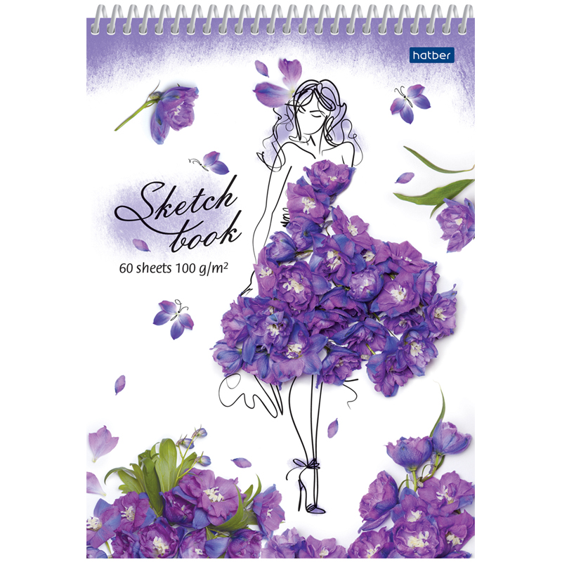 Скетчбук-блокнот 60л., А5 Hatber "Flower art", на спирали, без линовки, пласт. обложка, 100г/м2