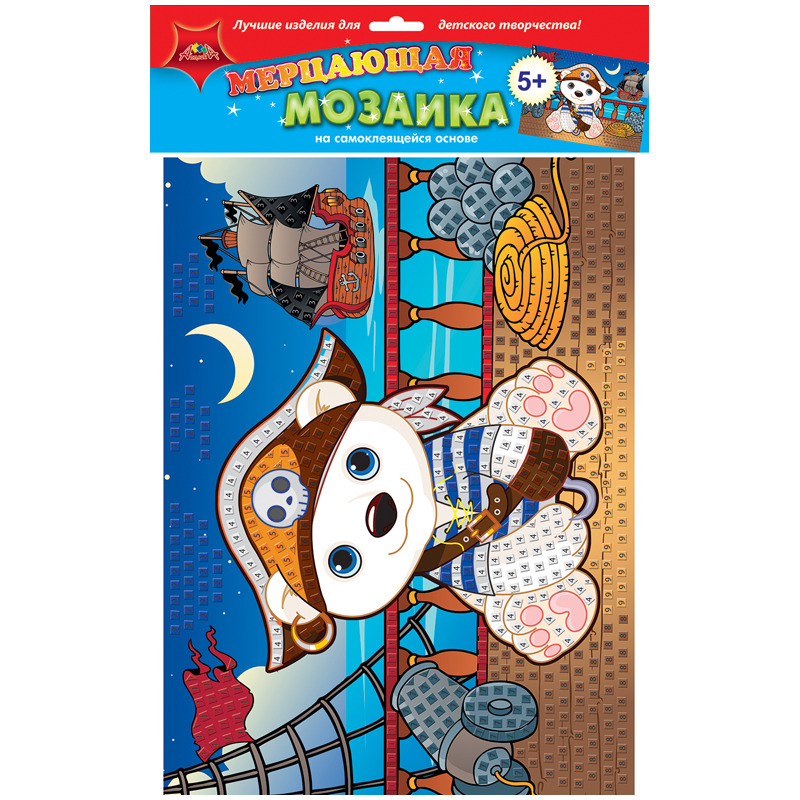 Мозаика мерцающая на самоклеящейся основе Апплика "Мишка пират", 25*35см, из мягкого пластика