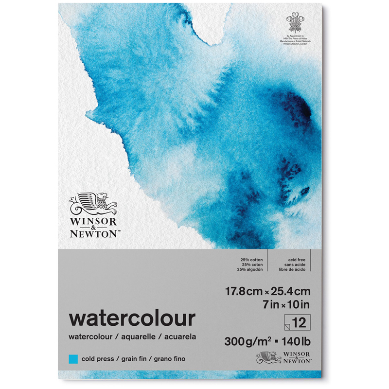 Альбом-склейка для акварели, 12л., 178*254мм, Winsor&Newton "Watercolour Cold Pressed", холодный пресс, 300г/м2, 25% хлопок