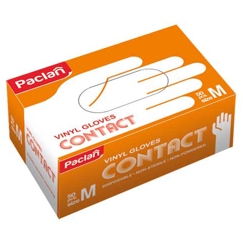 Перчатки виниловые Paclan "Contact" неопудренные М, 50шт., картон. коробка