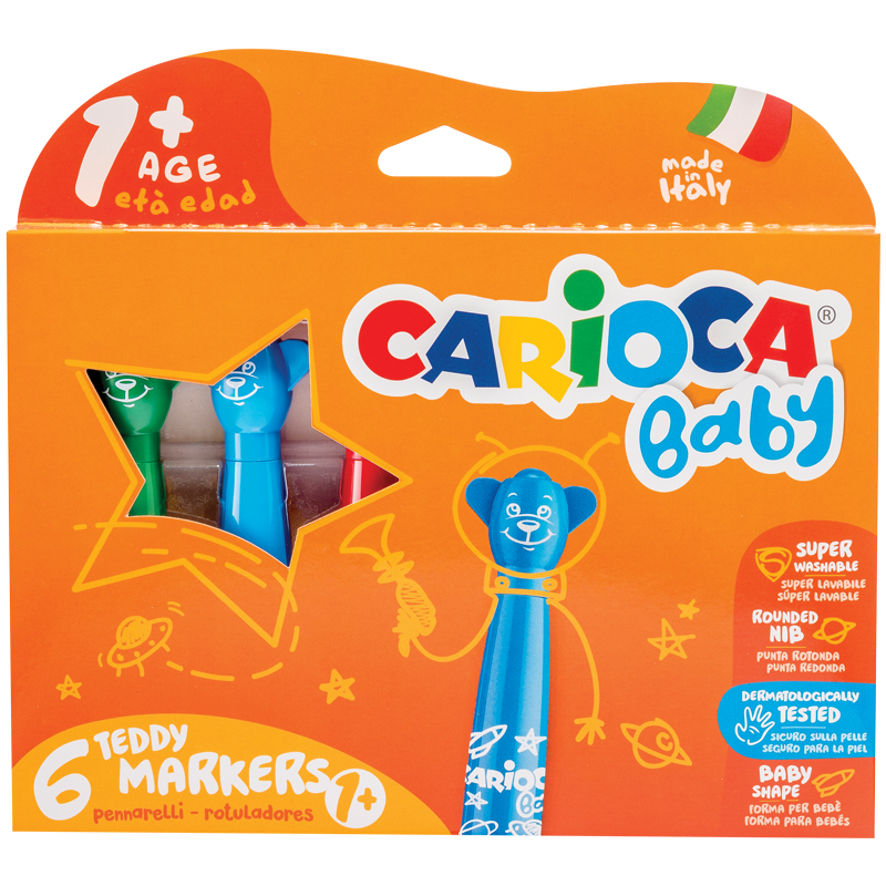 Фломастеры Carioca "Baby. Teddy Marker", 06цв., утолщенные, смываемые, картон, европодвес