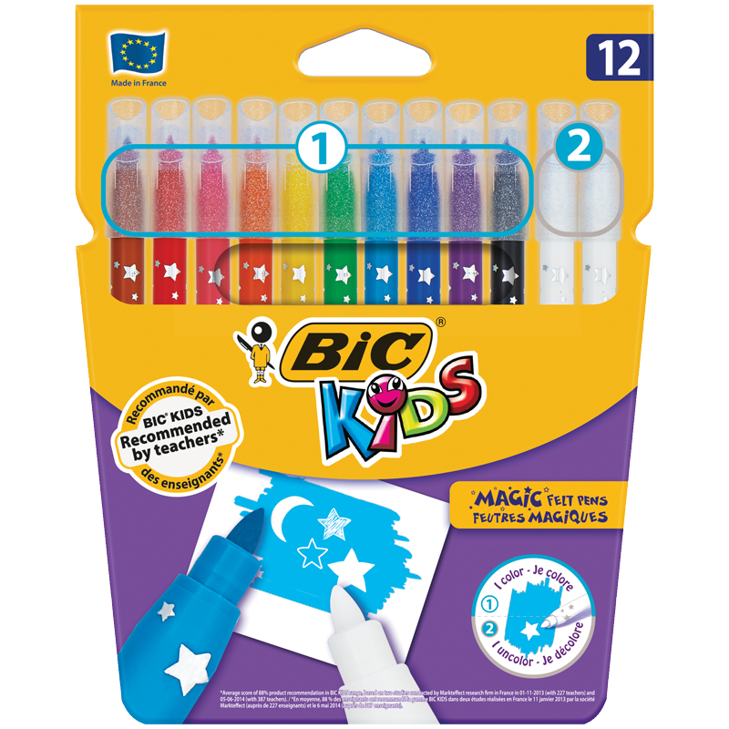 Фломастеры стираемые Bic "Magic", 10цв+2 стирателя, 12шт., смываемые, картон, европодвес