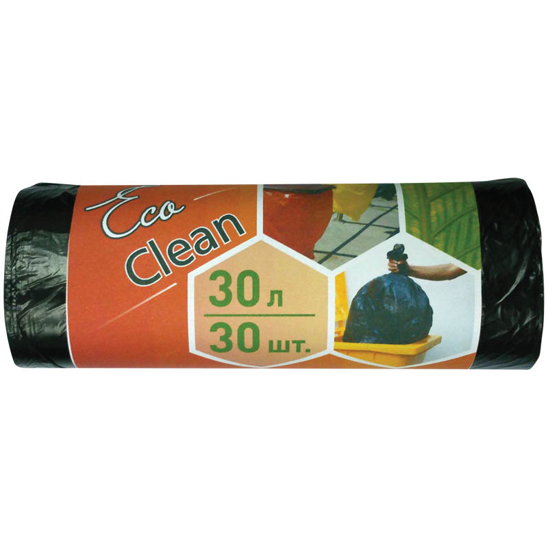 Мешки для мусора  30л КБ "Ecoclean" ПНД, 48*55см, 6мкм, 30шт, черные, в рулоне