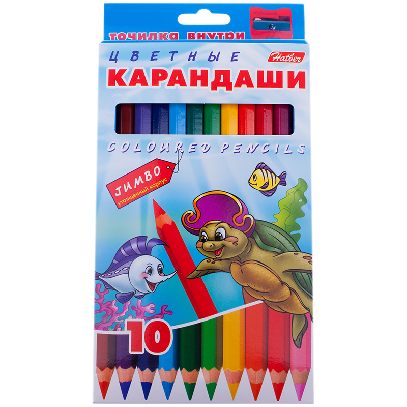 Карандаши Hatber "Jumbo Морская семейка", 10цв., утолщенные, картон, европодвес