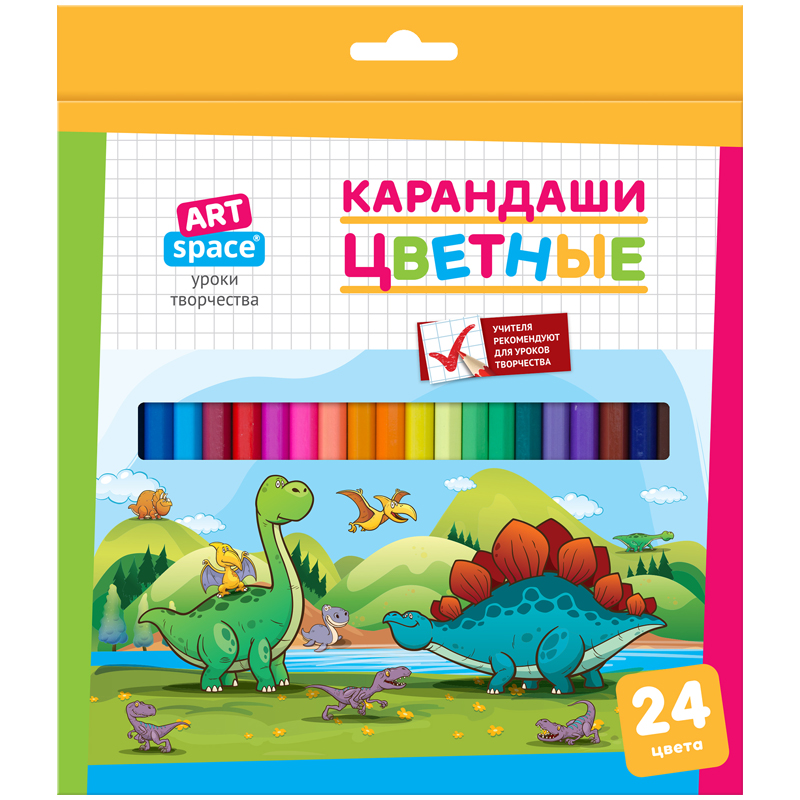 Карандаши цветные ArtSpace "Динозаврики", 24цв., заточен., картон, европодвес