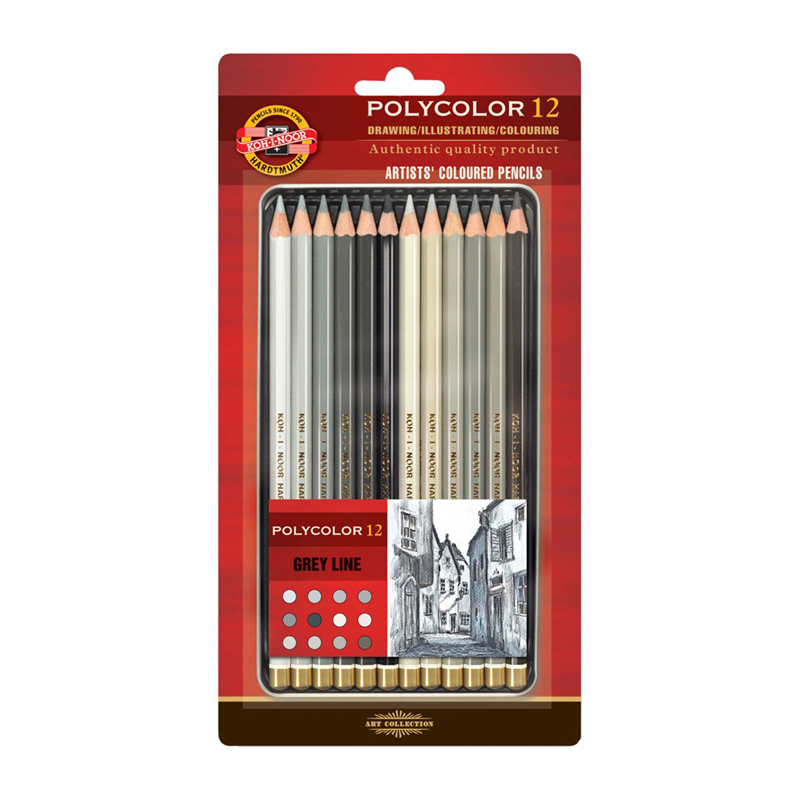 Карандаши цветные художественные Koh-I-Noor "Polycolor Grey Line", 12цв., заточен., металл. пенал, блистер (ПОД ЗАКАЗ)