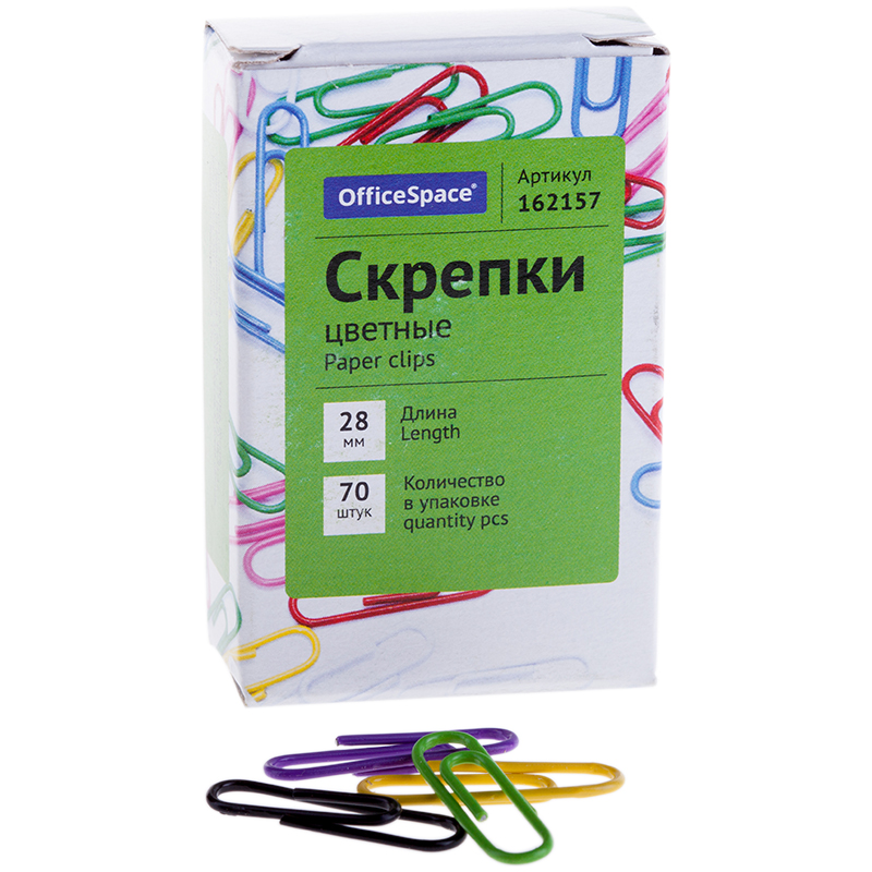 Скрепки 28мм, OfficeSpace, 70шт., цветные, карт. упак.