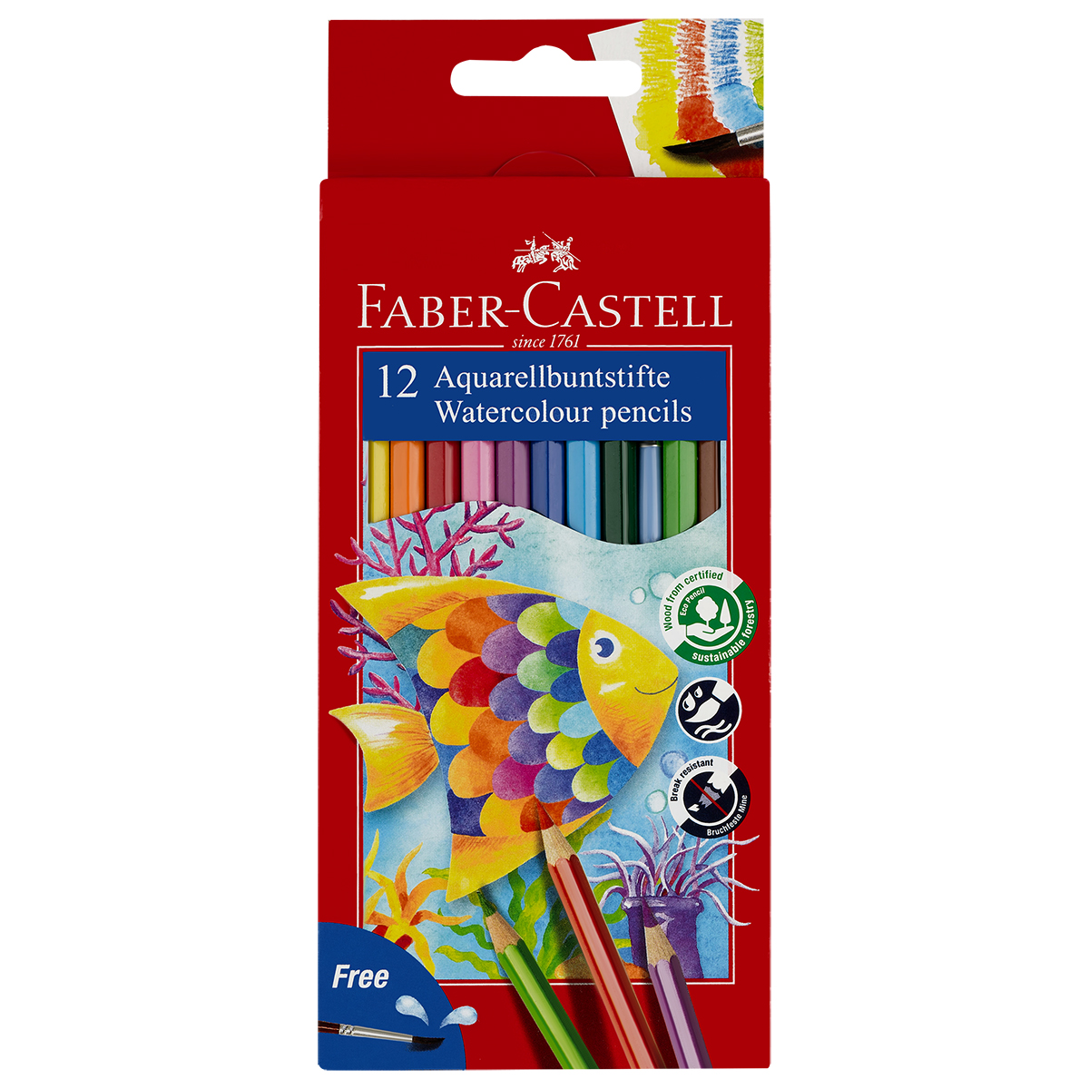 Карандаши акварельные Faber-Castell, 12цв+кисть, картон, европодвес