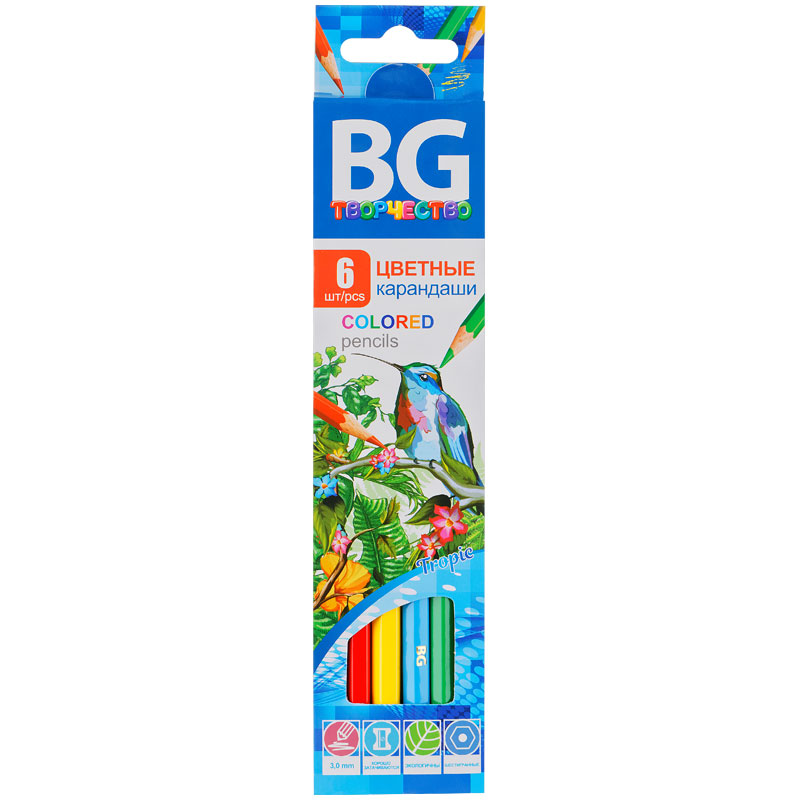 Карандаши цветные BG "Tropic", 06цв, шестигран., 3,0мм, европодвес