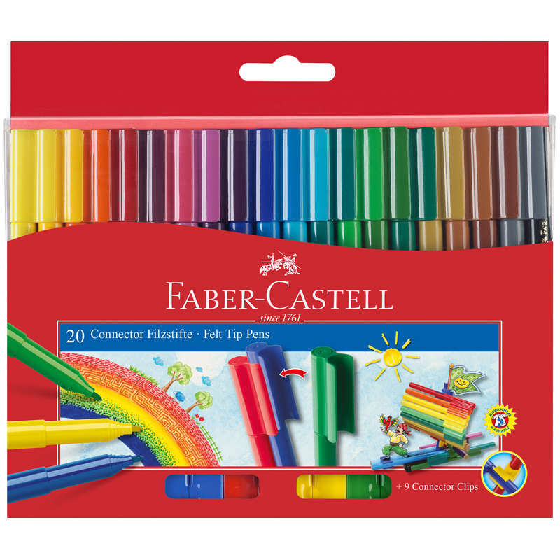 Фломастеры Faber-Castell "Connector", 20цв., смываемые, соединяемые колпачки, картон, европодвес