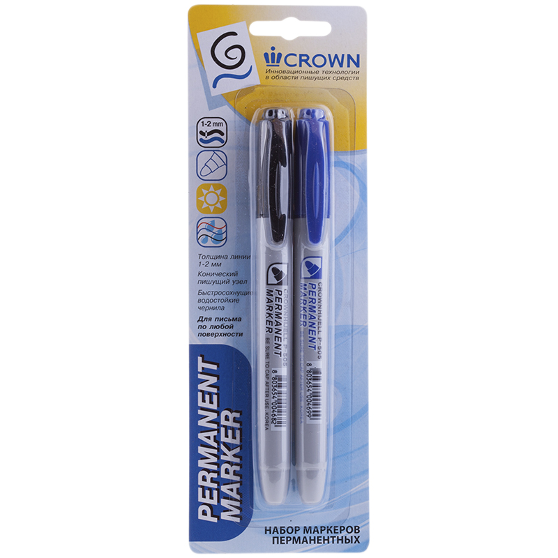 Маркер перманентный Crown "Multi Marker Slim" 2шт (синий+черный), пулевидный, 2мм