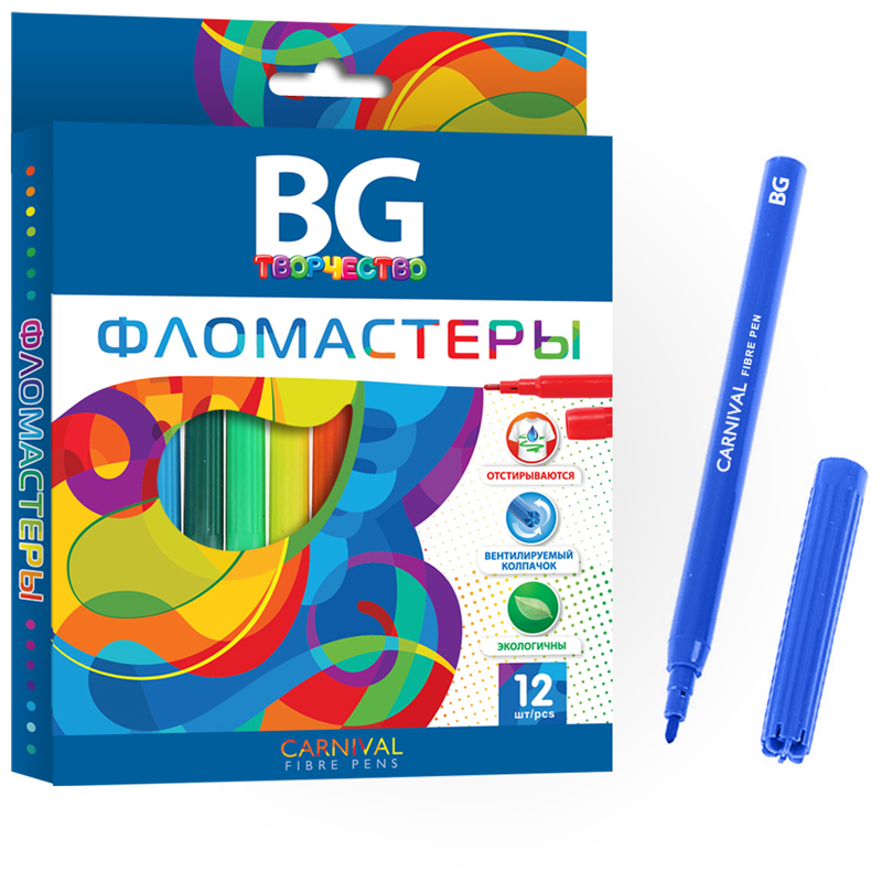 Фломастеры BG "Carnival" 12цв., круглые, 2,2мм, ПВХ, европодвес