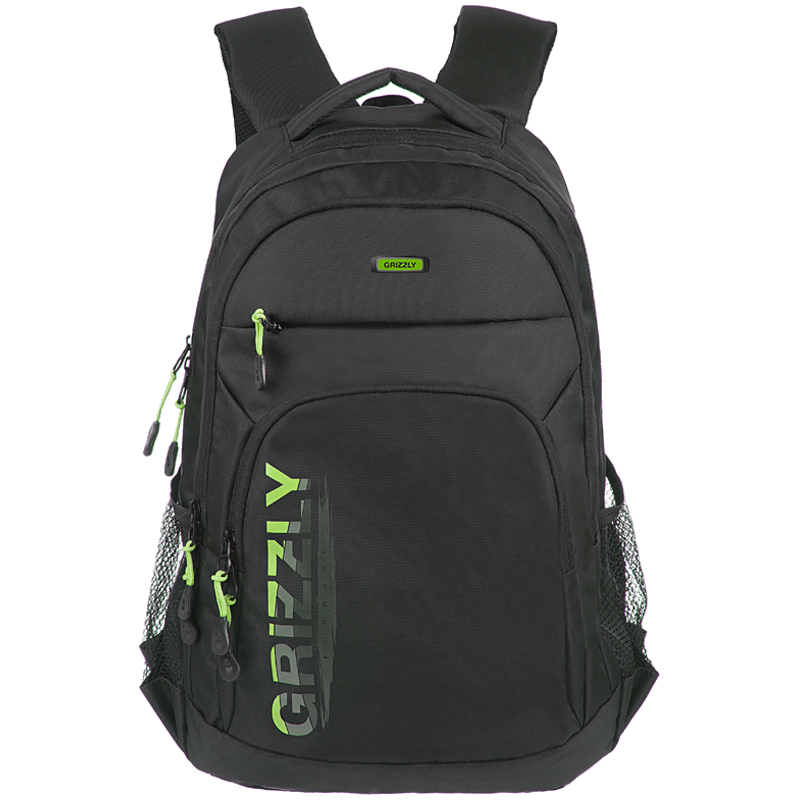 Рюкзак Grizzly, 32*47*17см, 2 отделения, 4 кармана, анатомическая спинка, черный/салатовый